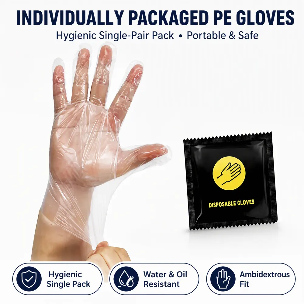 Individually packed transparent PE disposable gloves in a small dark sachet with a yellow glove icon and DISPOSABLE GLOVES text