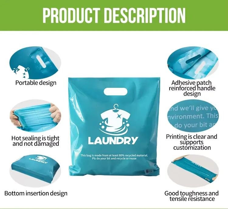 Detail views of the recycled shopping bag: reinforced patch handle, heat-sealed seam, inserted bottom and print quality
