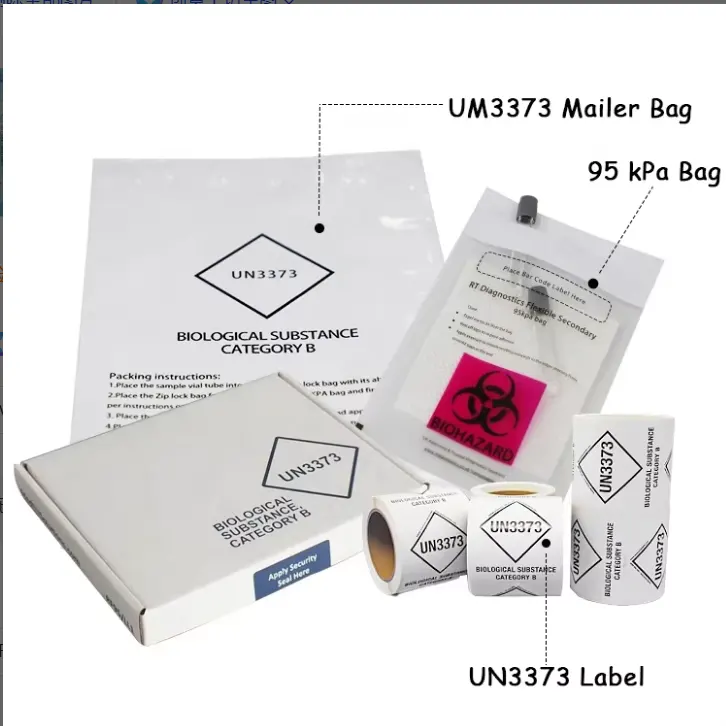 UN3373 Category B packaging set with the 95kPa specimen bag, UN3373 mailer bag, UN3373 labels and the outer box