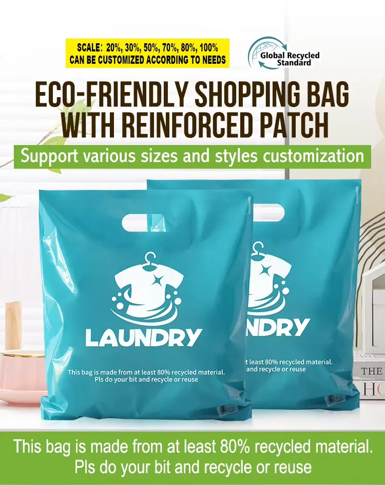 Recycled LDPE shopping bags with reinforced patch handle, printed with a laundry logo and recycled-content statement