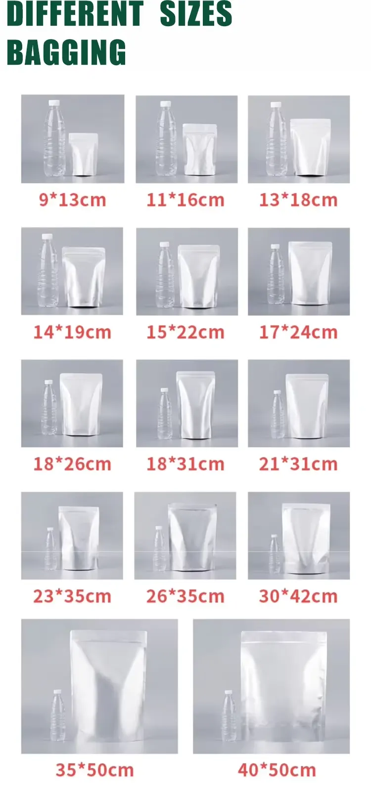 尺寸对比图：9x13cm 至 40x50cm 自立袋与瓶子并列展示