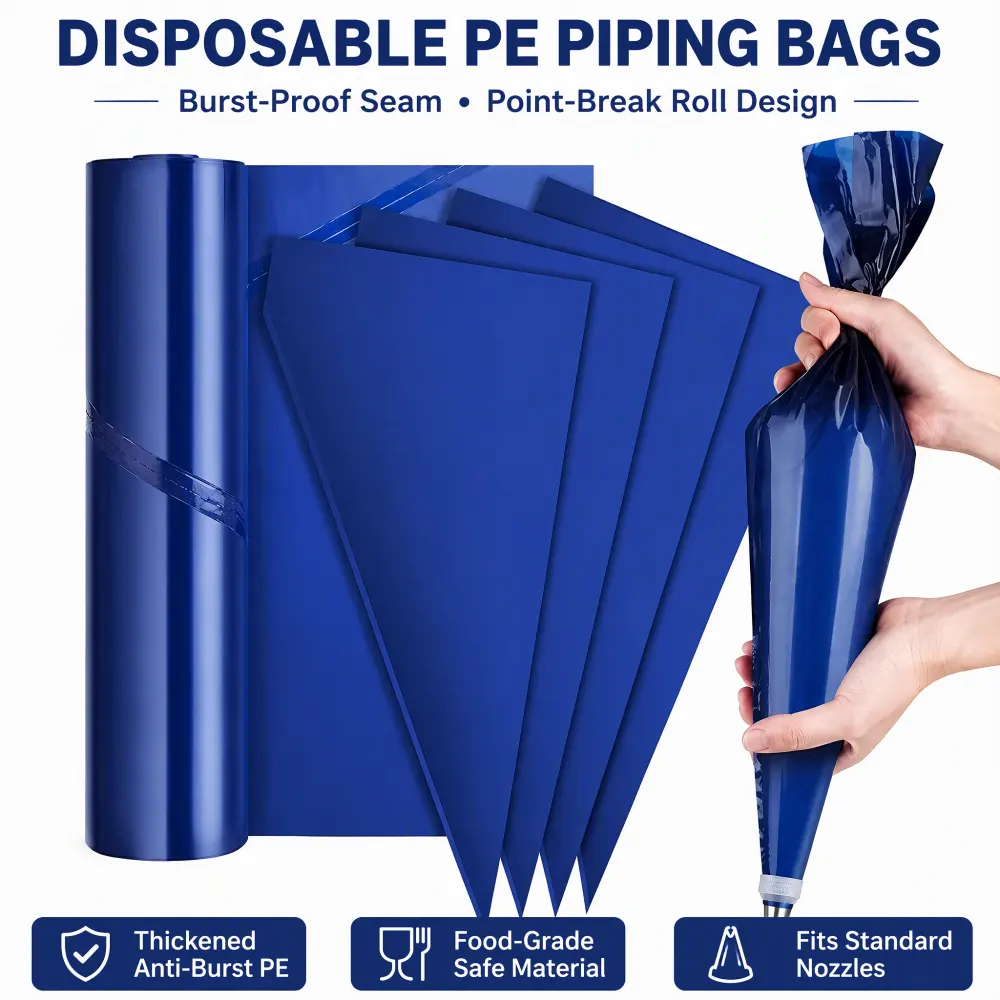 Blue disposable PE piping bags on a point-break roll, with a standard nozzle fitted to one bag