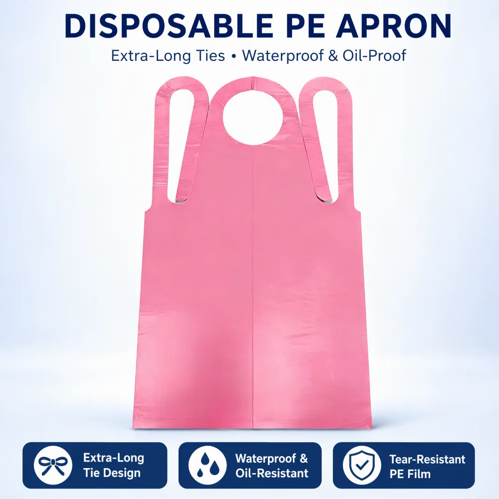 Pink disposable PE apron with head loop and extra-long side ties