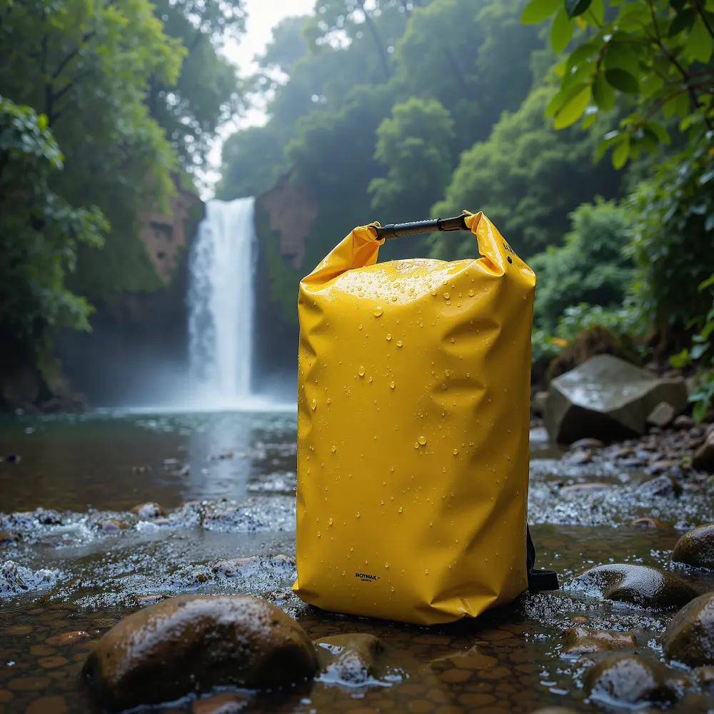 Waterproof storage bag in a packing and storage setting, illustrative reference image