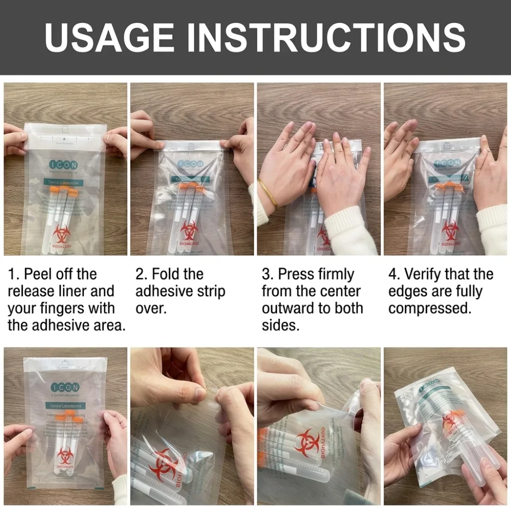 Step-by-step usage instructions for sealing the 95kPa specimen transport bag and taking the specimen out through the tear notch