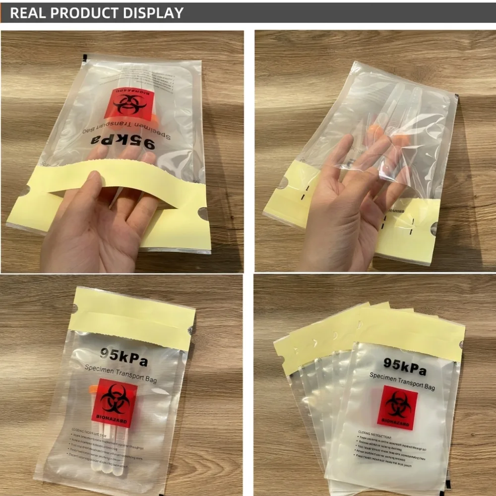 95kPa specimen transport bags with printed biohazard marking, thumb-hole release liner and fold-over adhesive closure
