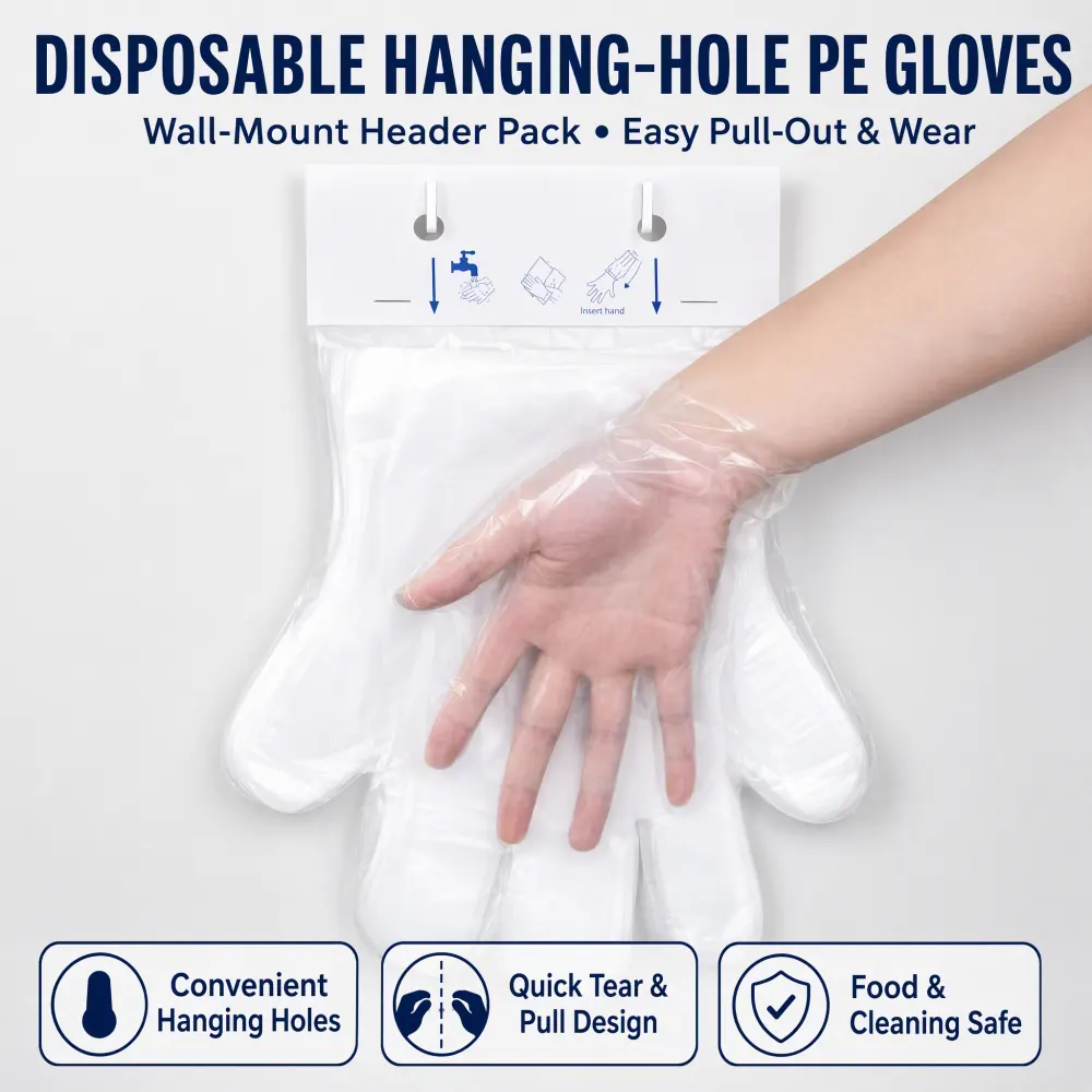 Disposable hanging-hole PE gloves in a wall-mount header pack with two hanging holes