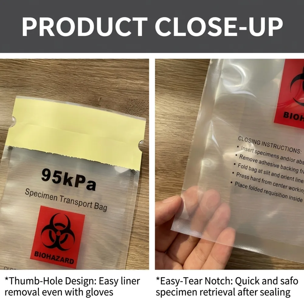 Close-up of the 95kPa specimen transport bag showing the thumb-hole release liner, the easy-tear notch and the printed closing instructions