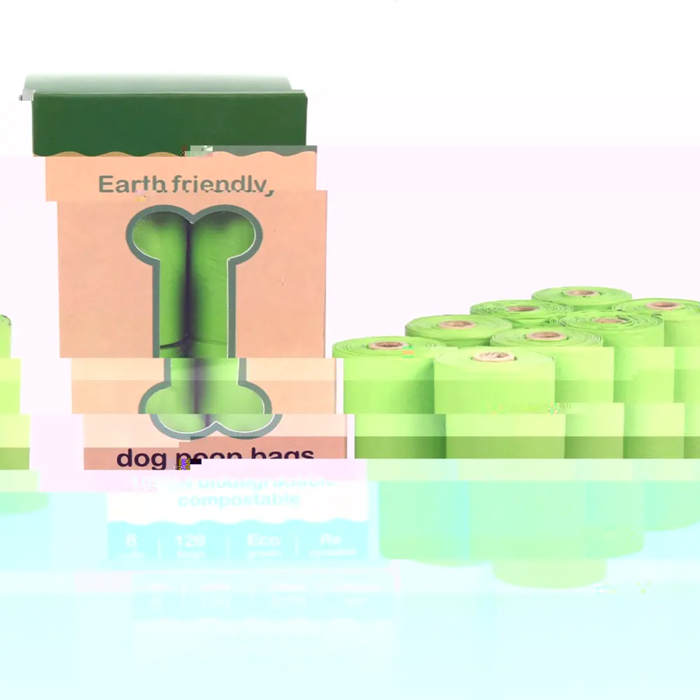 Bone-shaped window box of compostable dog poop bags beside stacked green rolls